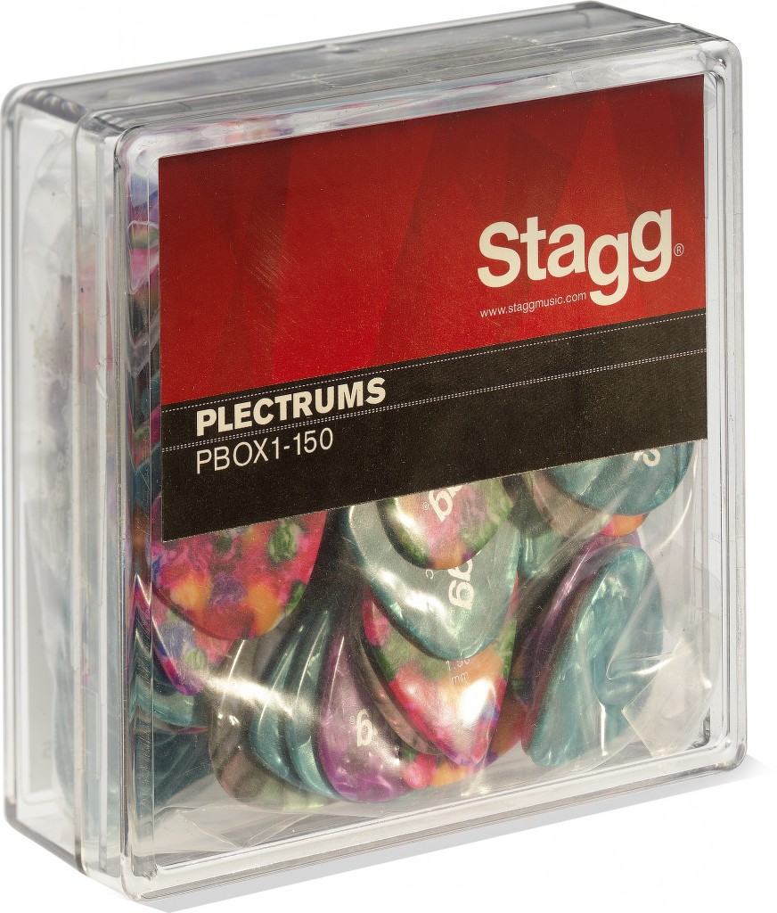 Pack of 100 Stagg 1.5 mm (0.06") standard plastic picks, various colours