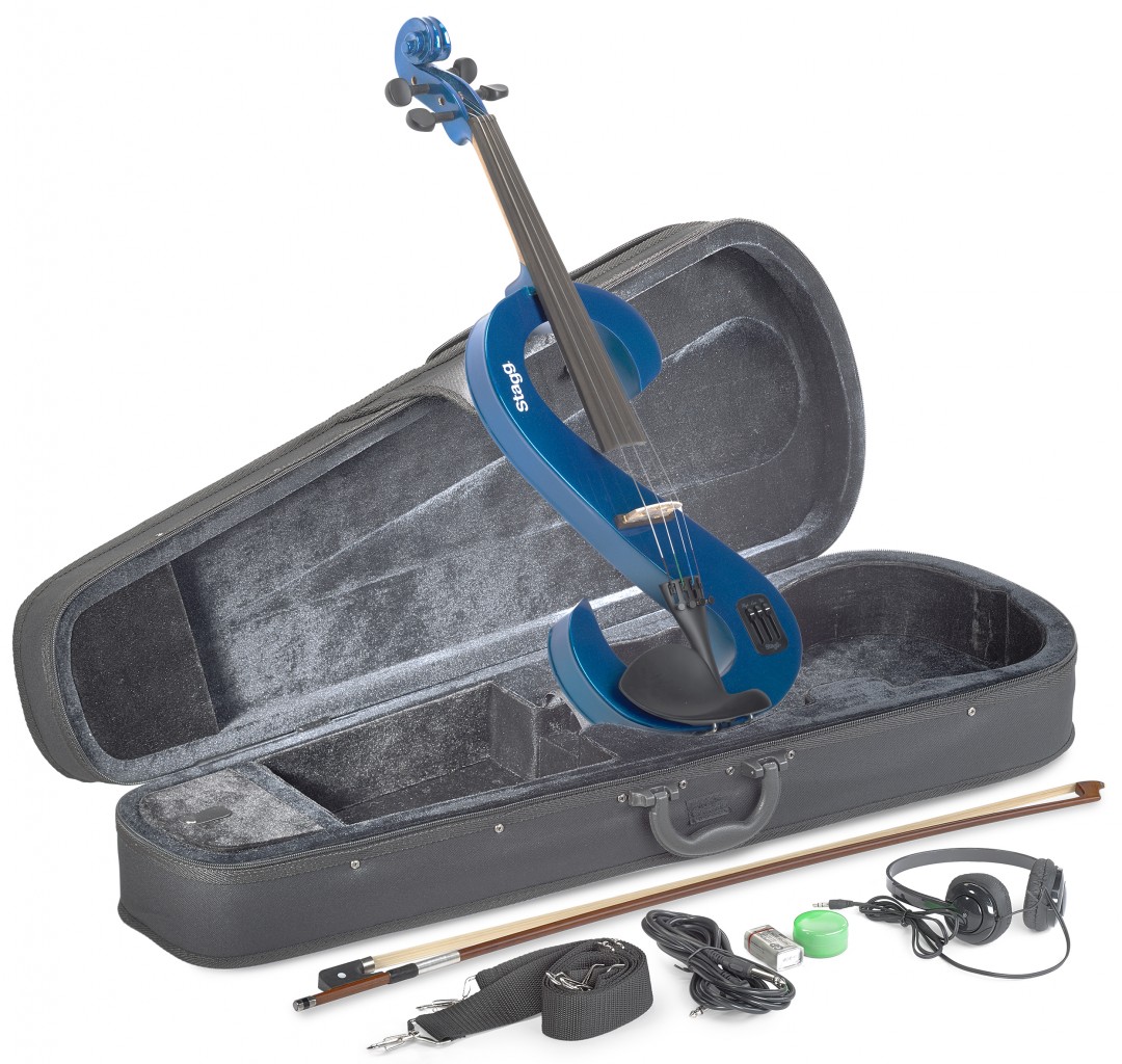 4/4 electric viola set with S-shaped metallic blue electric viola, soft case and headphones