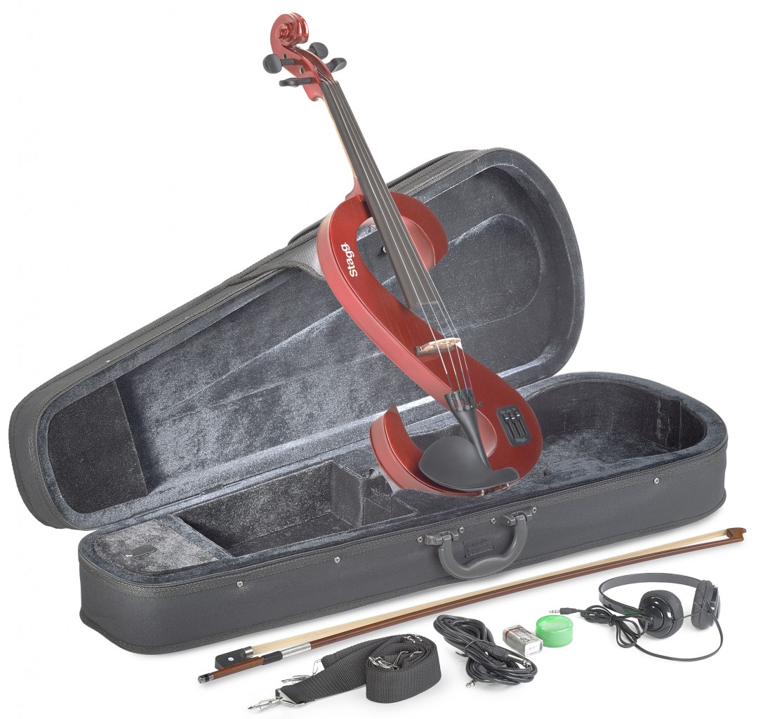 4/4 electric-viola set with S-shaped metallic red electric viola, soft case and headphones