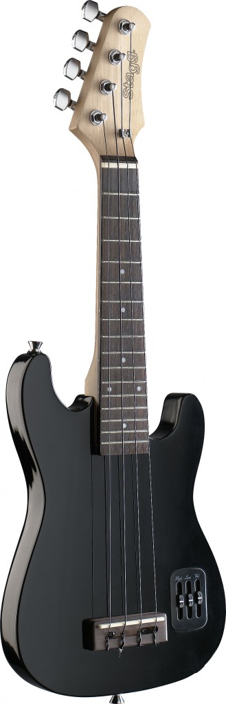 Black S-style electric ukulele with solid body