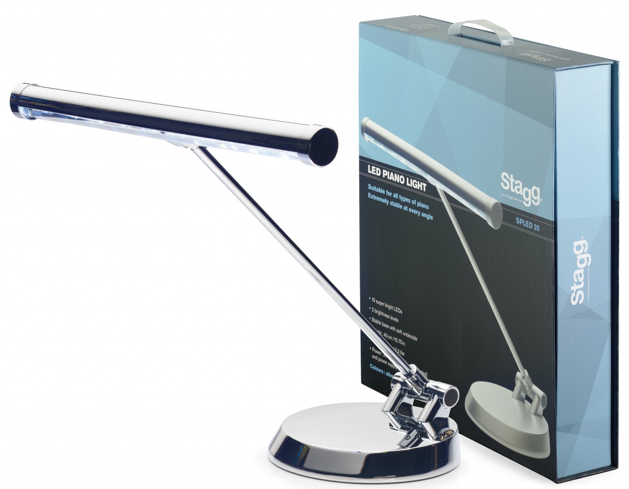 Chrome battery-powered or mains-operated LED piano or desk lamp