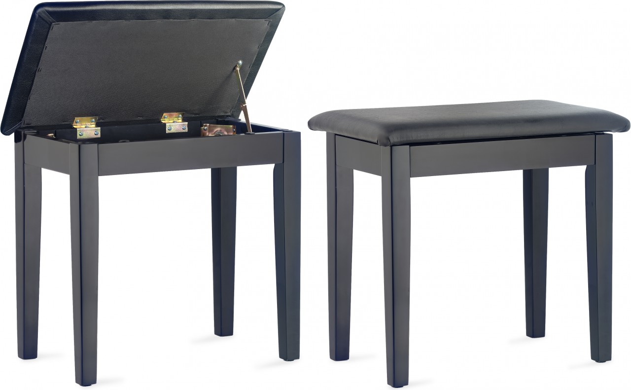 Matt black piano bench with black vinyl top and storage compartment