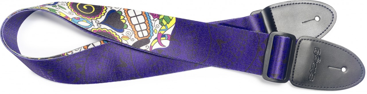 Purple terylene guitar strap with big Mexican skull pattern