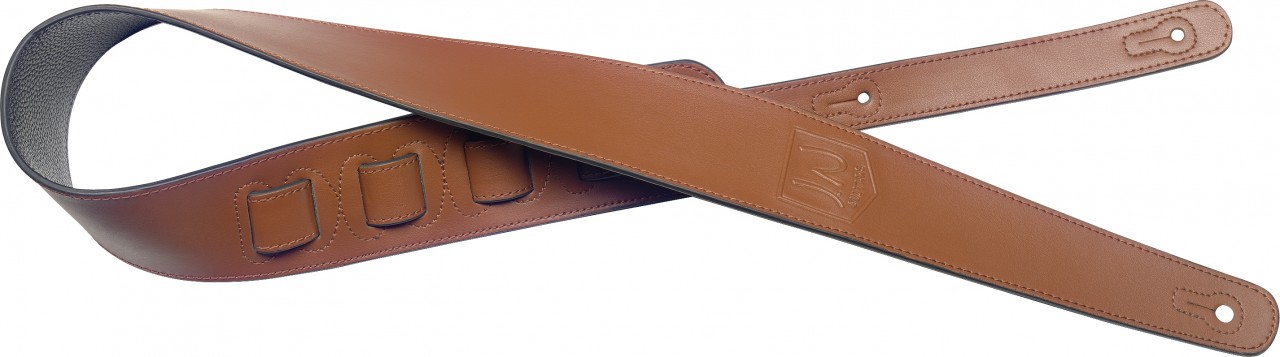 Brown padded leather guitar strap with pressed logo