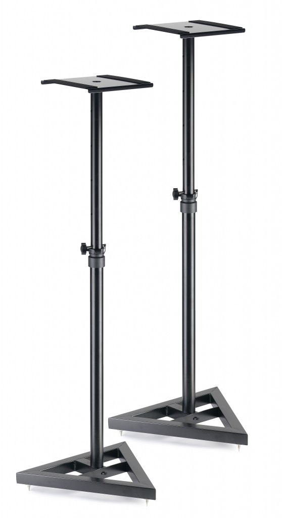 Two, height-adjustable, steel studio monitor or light stands