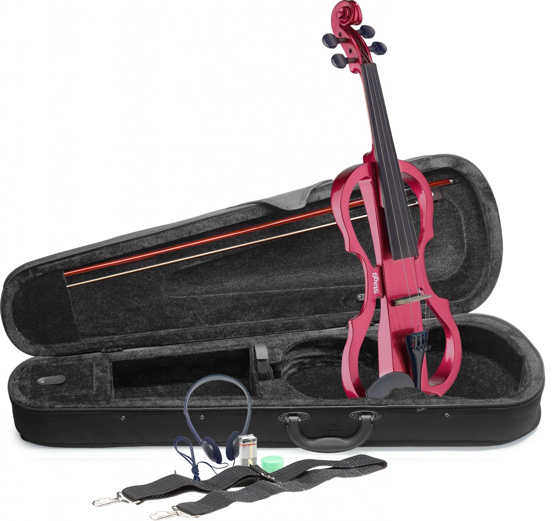 4/4 electric violin set with metallic red electric violin, soft case and headphones