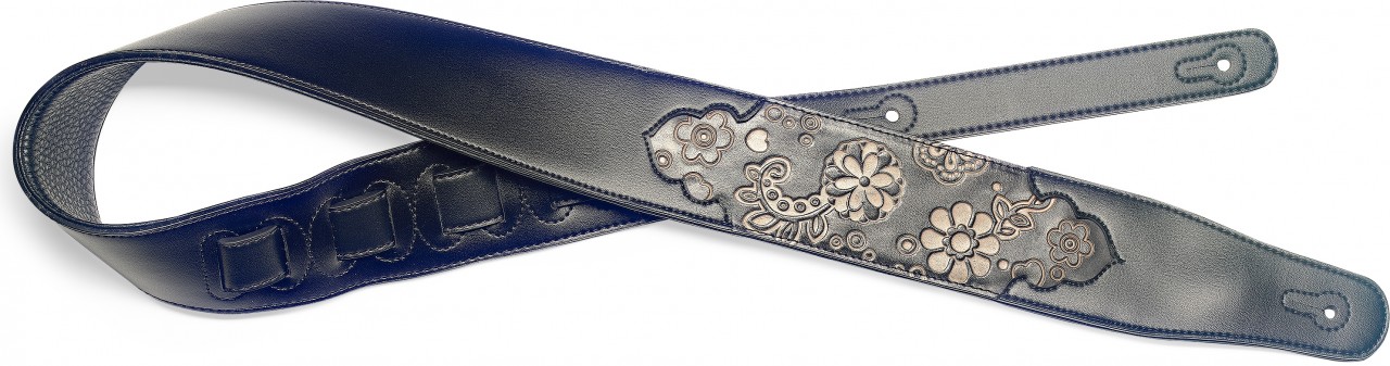 Black padded leatherette guitar strap with pressed black paisley pattern