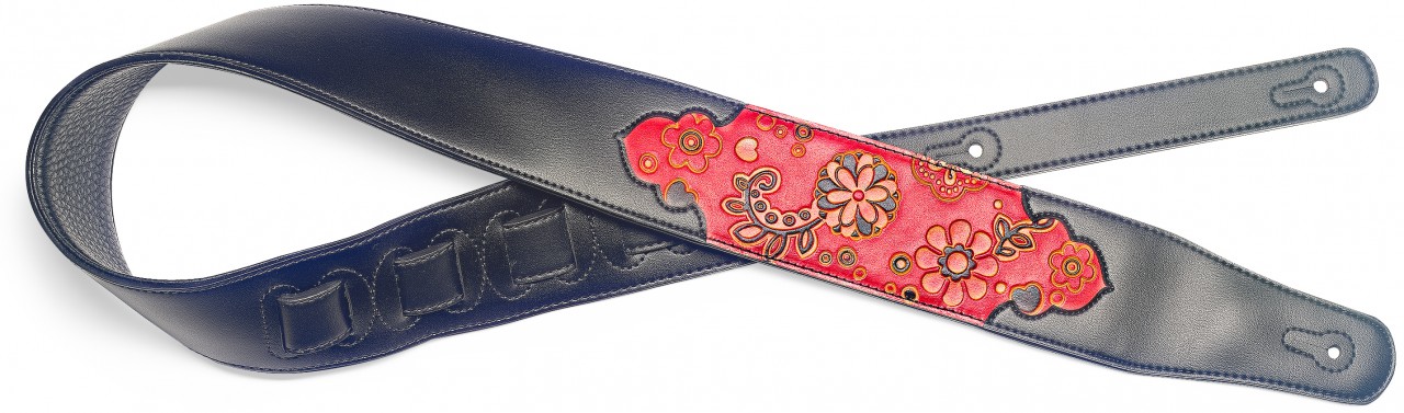 Black padded leatherette guitar strap with pressed red paisley pattern