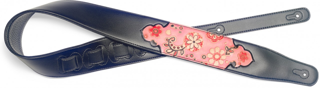 Black padded leatherette guitar strap with pressed pink paisley pattern