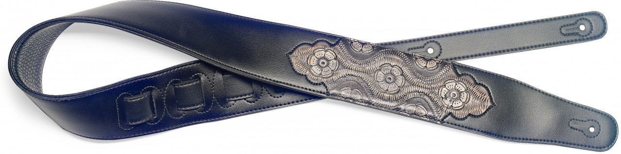 Black padded leatherette guitar strap with pressed black paisley 2 pattern