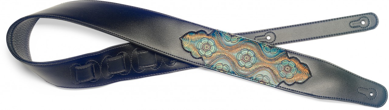Black padded leatherette guitar strap with pressed blue paisley 2 pattern