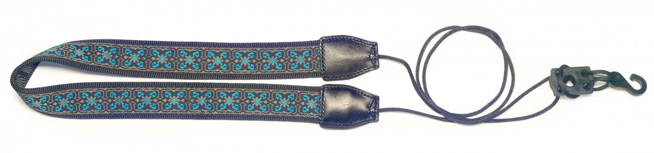 Woven nylon neck strap for ukuleles with sound-hole hook, blue flower pattern