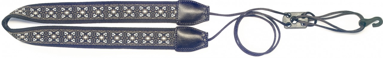 Woven nylon neck strap for ukuleles with sound-hole hook, grey flower pattern