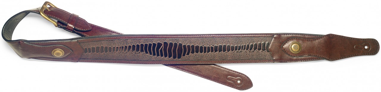 Dark brown padded leatherette guitar strap with pressed snake skin pattern