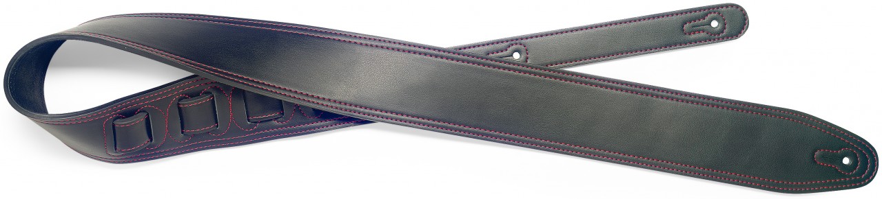 Black padded leather guitar strap, red seam