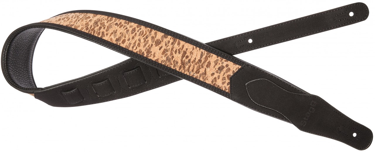 Black padded faux suede guitar strap with wooden leopard pattern