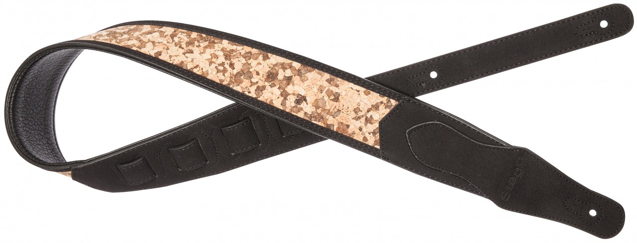 Black padded faux suede guitar strap with wooden puzzle pattern