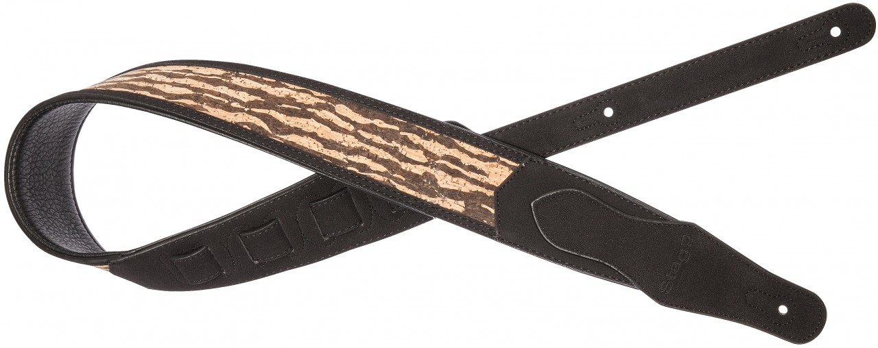 Black padded faux suede guitar strap with wooden tiger pattern
