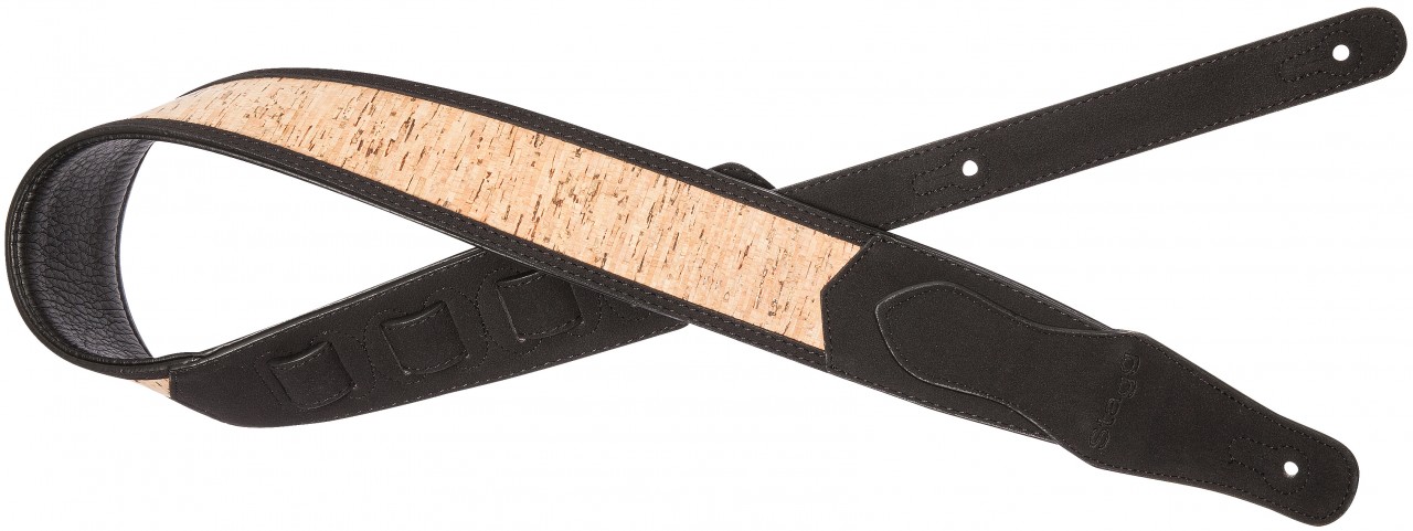 Black padded faux suede guitar strap with wooden cork pattern