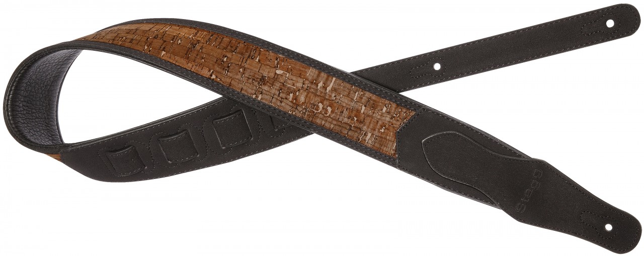 Black padded faux suede guitar strap with brown wooden cork pattern