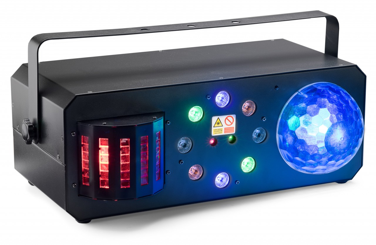 Multi-effects box with red and green lasers, derby, colour wash and discoball
