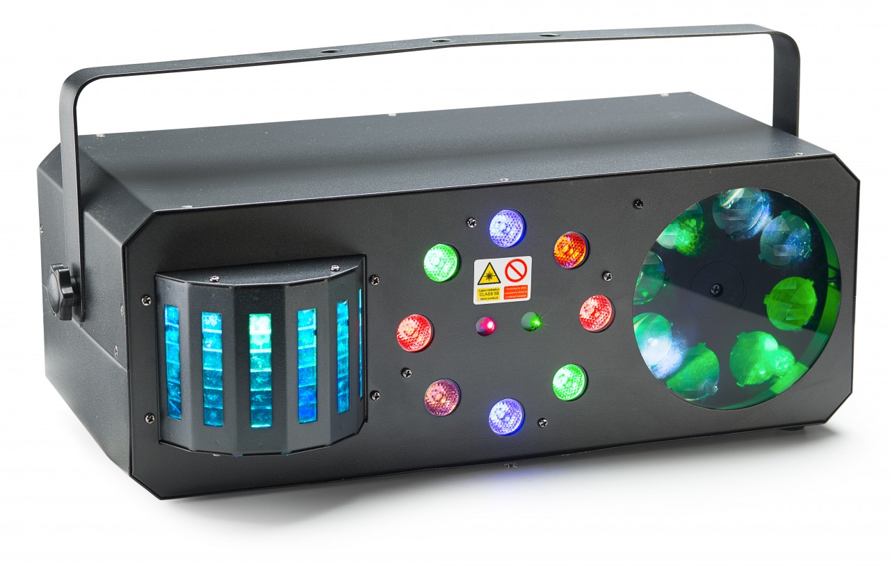 Multi-effects box with red and green lasers, derby, colour wash and flower gobo