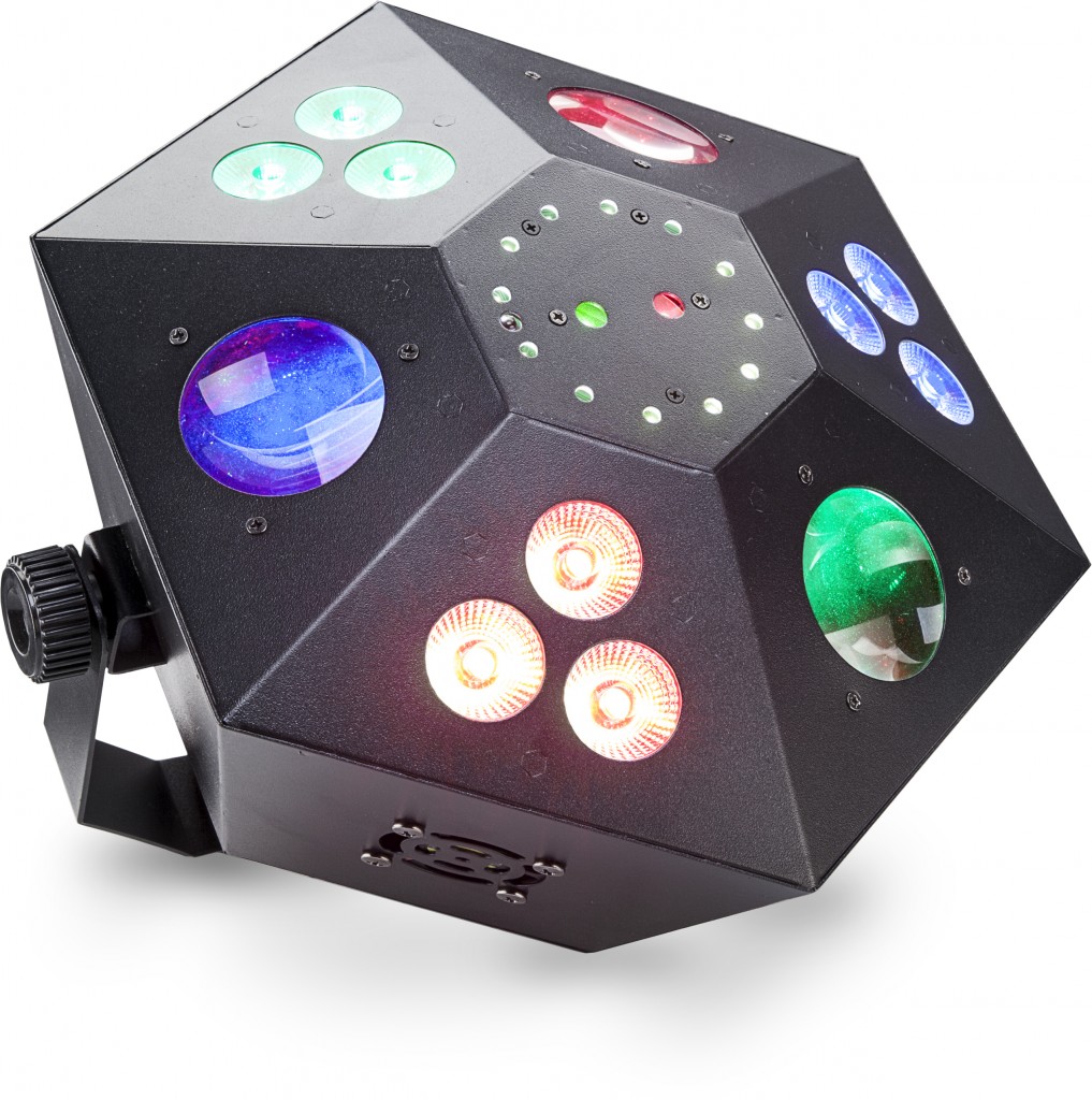 Multi-effects box with red and green lasers, 3 colour wash, strobe and LED flower