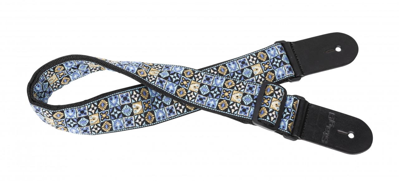 Woven nylon guitar strap with blue Hootenanny Mix pattern