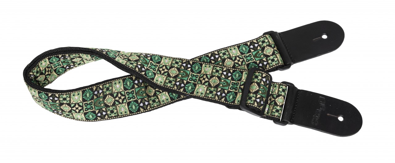 Woven nylon guitar strap with green Hootenanny Mix pattern