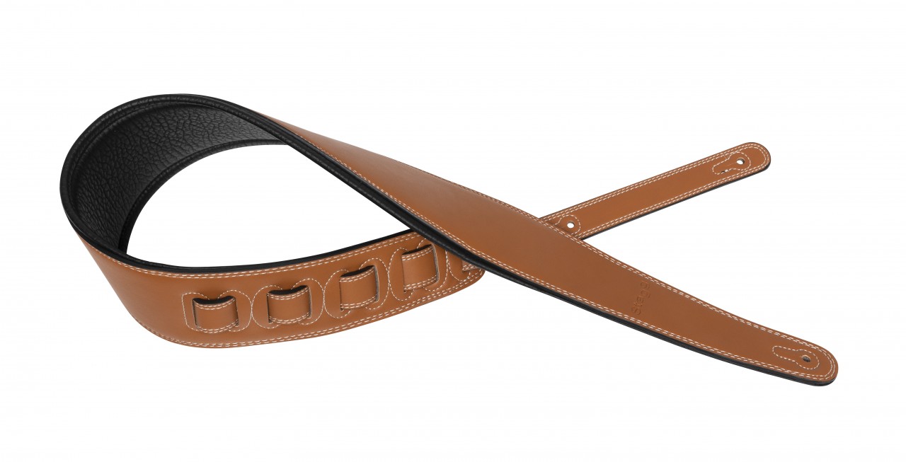 Light brown padded leatherette guitar strap, extra large